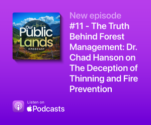 Our Public Lands podcast cover image with white text